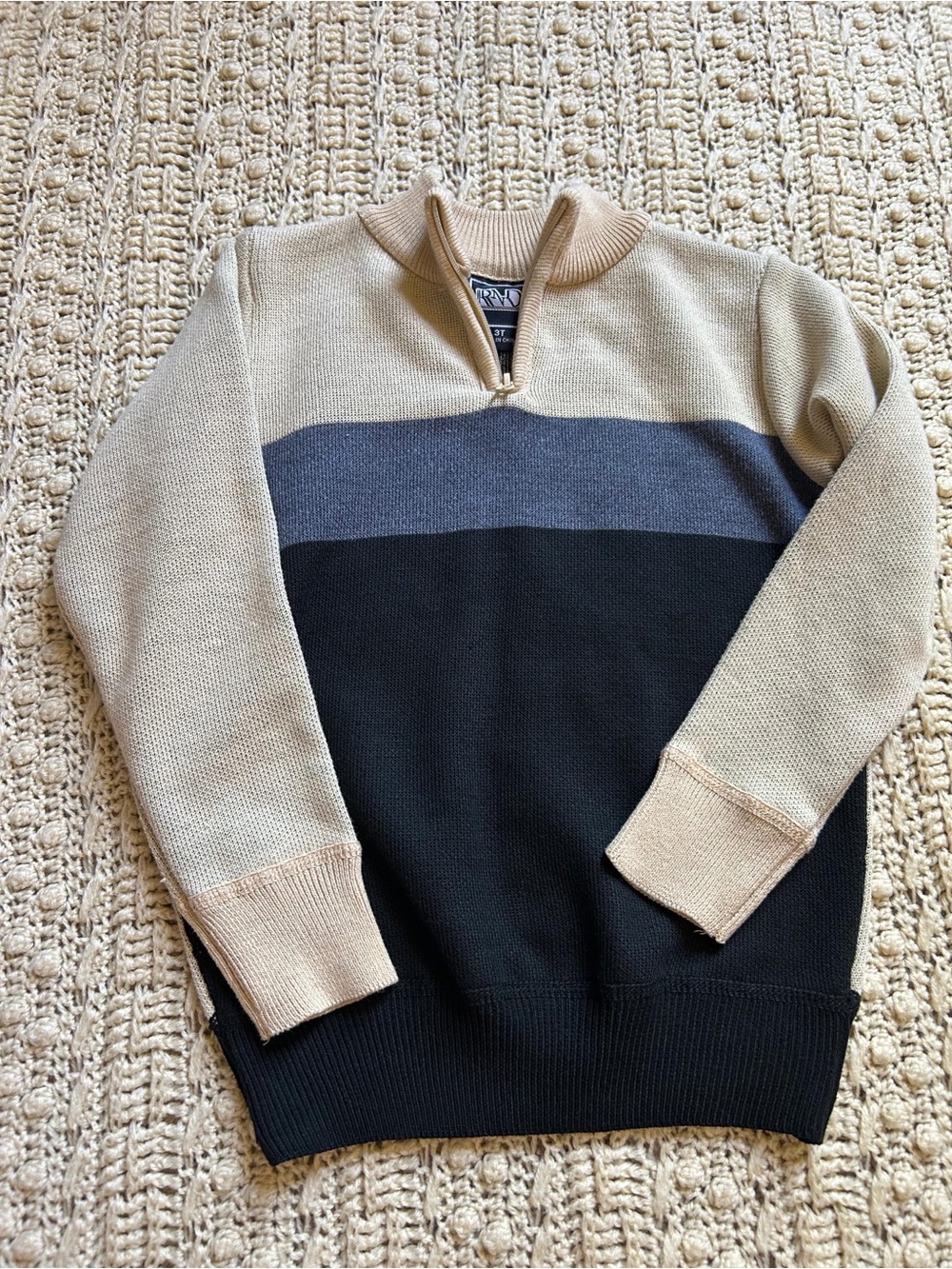 Boys Quarter-Zip Colorblock Sweater - Beige, Gray & Black